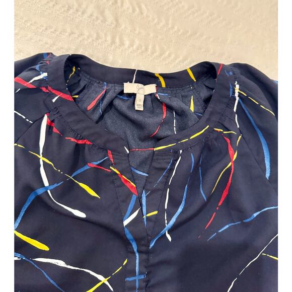 Joie Georgette Blouse Navy Blue Women’s Small Abstract Art Wear Artsy Statement - Picture 14 of 15